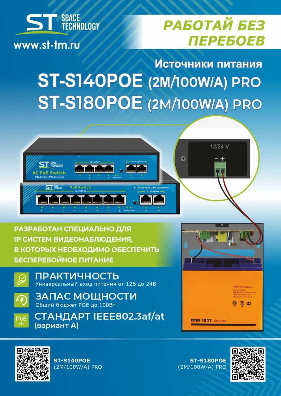 Коммутатор ST-S140POE (2М/100W/А) PRO резервируемый